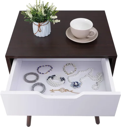 Miniatura 4 de SUPER DEAL Mesa auxiliar moderna de mediados de siglo con cajón, mesa pequeña con patas de madera, cajón deslizante y mango sonriente para espacio
