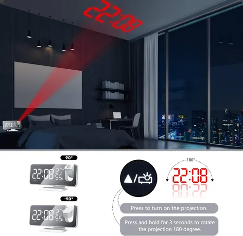 Miniatura 7 de ThreeH Reloj despertador de proyección con cargador USB Proyector giratorio de 180° Reloj despertador con radio FM Pantalla de espejo de 7.4