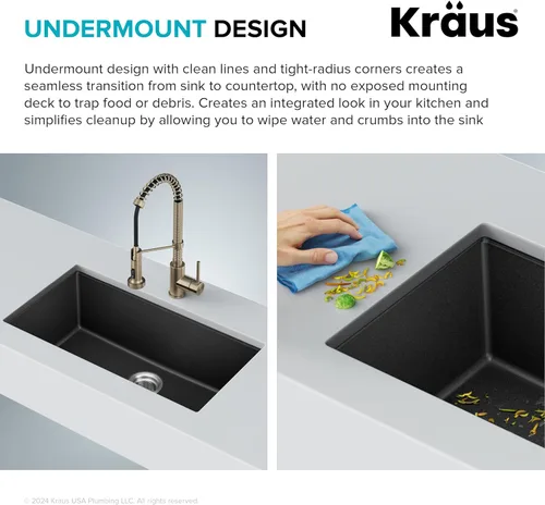 Miniatura 6 de Kraus Quarza - Fregadero de cocina de granito para montar por debajo, cajón único de 31 pulgadas, en ónix negro, KGU-413B