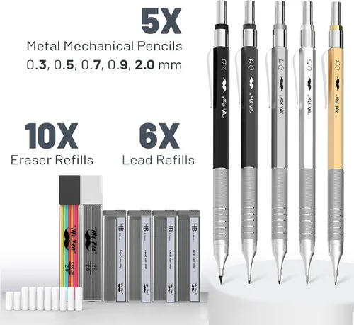 Miniatura 2 de Mr. Pen - Juego de lápices mecánicos de metal con recambios de plomo y borradores, paquete de 5 5 Sizes, 0.3, 0.5, 0.7, 0.9 & 2mm, 6x Tubes HB