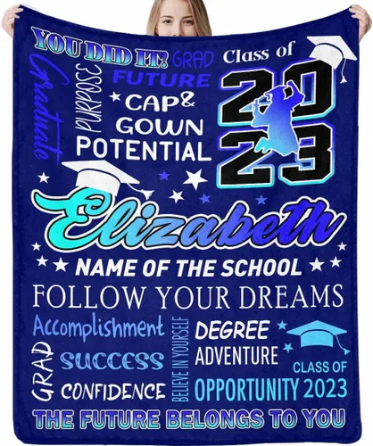 Miniatura 35 de Decoraciones de graduación 2023, manta de regalo para ella, él, felicitaciones 2023, azul oscuro, manta de graduado con nombre personalizado, No.11