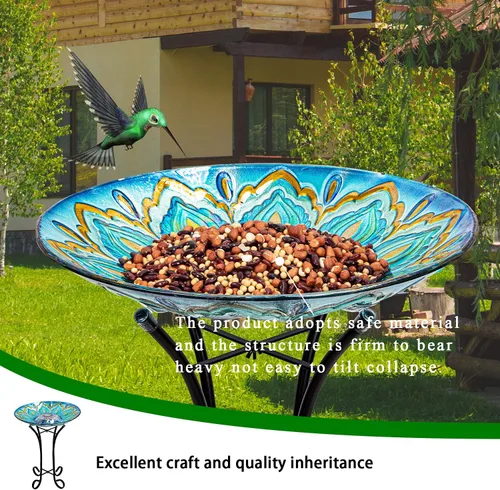 Miniatura 2 de Baño de pájaros de vidrio al aire libre con soporte de metal para decoración de césped, jardín y patio, solar, grande, baño de pájaros pavo real