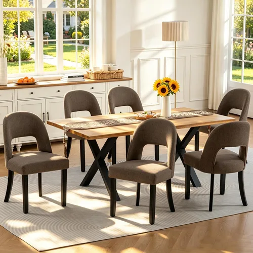 Miniatura 16 de Juego de 2 sillas de comedor de madera, modernas sillas de comedor tapizadas para cocina con tela de lino y respaldo abierto, patas de madera