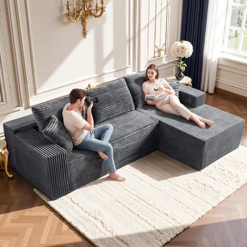 Sofá modular gris con diván en forma de L de 108 pulgadas, sofá de pana de asiento profundo, tela de felpa similar a una nube, sofás para sala de