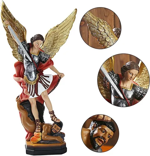Miniatura 3 de QIANLING Estatua de San Miguel de 12.2 pulgadas, estatuas de Arcángel Miguel, estatua de Arcángel de San Miguel, Arcángel derrotado a Lucifer Rojo