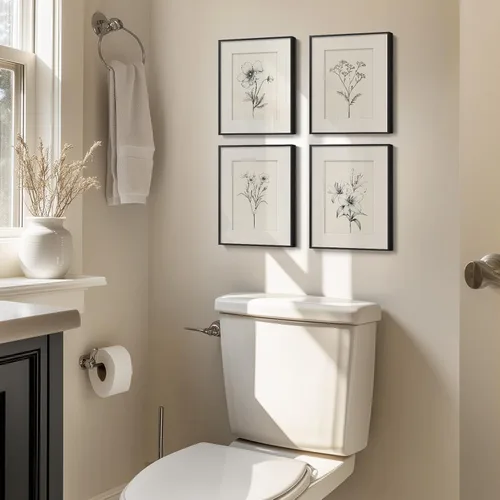 Miniatura 2 de Arte de pared botánico enmarcado en blanco y negro para baño, ilustraciones de plantas florales de granja para paredes de baño, 4 piezas