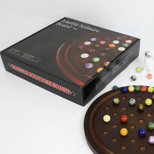 Miniatura 4 de Juego de solitario grande hecho a mano con 36 canicas de mármol natural, juego de mesa redondo clásico grueso para adultos (nogal, mediano)