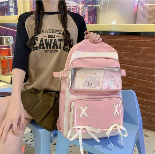 Miniatura 4 de Mochila Kawaii con bonitos accesorios para portátil de 15.6 pulgadas, mochila de viaje casual, bolsa estética para regalo de nuevo semestre, 01-rosa