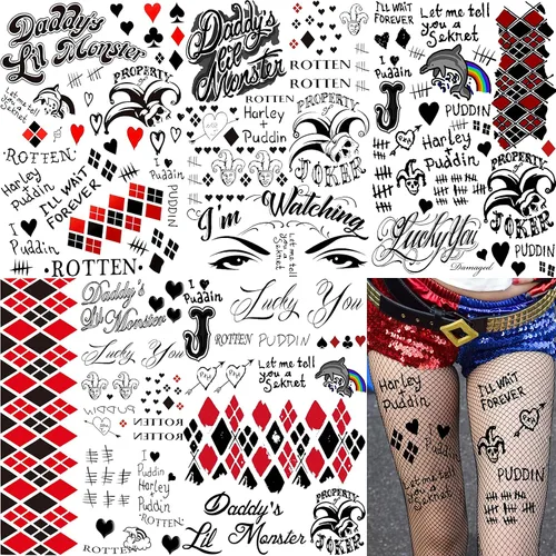 Miniatura 11 de VANTATY 6 hojas de tatuajes 3D Joker para hombres, adultos y mujeres, tatuajes temporales de Halloween para mujeres, niñas, niños, calcomanías de B