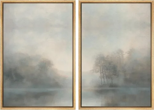 MUDECOR Lienzo enmarcado para pared, bosque brumoso, reflejos, paisaje tranquilo, ilustraciones modernas, arte decorativo, bohemio, tranquilo/zen