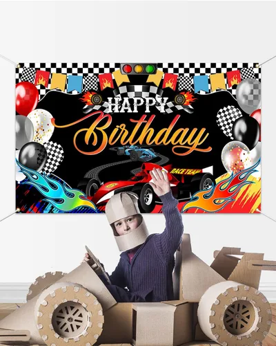 Miniatura 4 de Mocsicka Cartel de fondo de cumpleaños con temática de coche de carreras, decoración de fiesta de cumpleaños temática de carreras, suministros