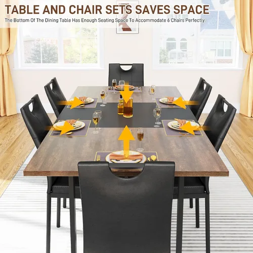 Miniatura 4 de chartustriable Juego de mesa de comedor de 7 piezas para 4, 5, 6 personas, mesa de cocina grande de madera larga de 71 pulgadas con 6 sillas