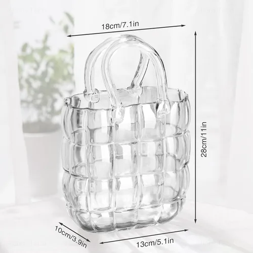 Miniatura 6 de NiHome Florero de cristal transparente con asa para flores, decoración de casa de campo, hecho a mano, jarrón de cristal de boca ancha para oficina
