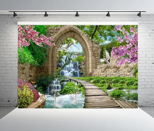 BELECO Telón de fondo romántico de jardín de primavera de 5 x 3 pies, arco de piedra, cascada de montaña, flores de cerezo, paloma, árboles verdes,