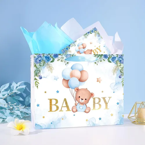 Miniatura 3 de Plauthus Bolsas de regalo grandes para bebé de 13 pulgadas con papel de seda y tarjeta de felicitación (oso de balón y floral), bolsas de regalo