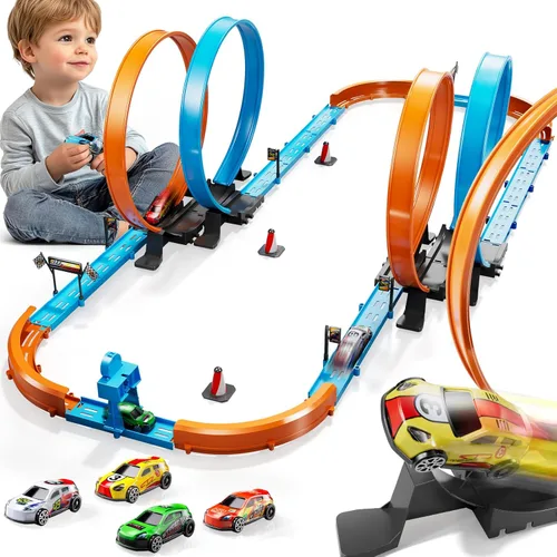 Miniatura 7 de Conjunto de Pista de Carreras de Coches LILYBUDS para Niños, Niños de 3-5 4-7 años, Pistas de Carreras con 4 Zonas de Choque y Coches de Ranura