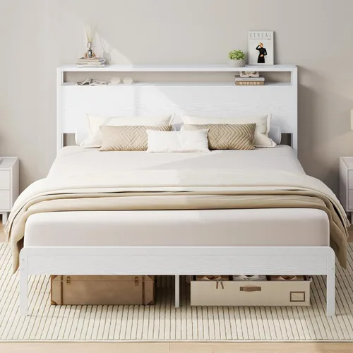 Miniatura 30 de LIKIMIO Marco de Cama King con Cabecero, Marco de Cama King de Madera Oscura con Soportes Fuertes, Resistente, Sin Ruido, No Necesita Somier, Nogal