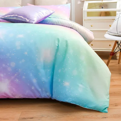 Miniatura 8 de A Nice Night Juego de ropa de cama de 6 piezas con purpurina degradada para niñas, juego de edredón colorido de galaxia arco iris, juegos de ropa