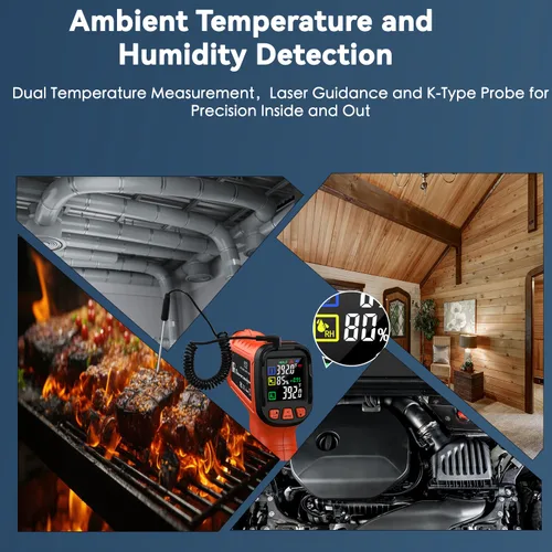 Miniatura 6 de Pistola Termómetro Infrarrojo, Incluye Sonda Tipo K para Humedad, Termómetro Digital Láser de Temperatura de -58 °F a 1796 °F para Cocinar, Pistola