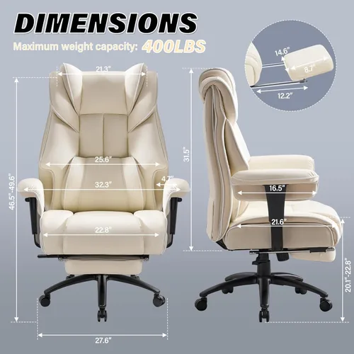 Miniatura 3 de Silla de oficina grande y alta de 400 libras con reposapiés y soporte de madera para cintura, silla ergonómica para juegos con reposabrazos 2D