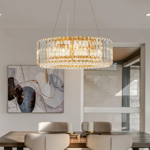 Miniatura 10 de Lingkai Candelabro de Cristal Moderno de 15.8" Cromado Redondo Semi Empotrado Luminaria de Techo Candelabro para Sala de Estar Comedor Dormitorio