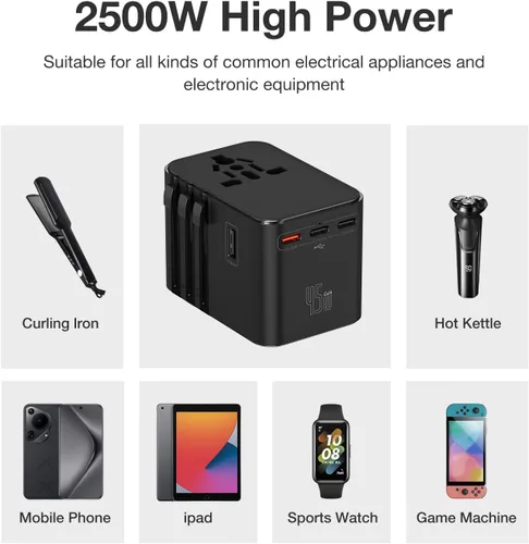 Miniatura 7 de Adaptador de viaje universal de 45 W - Enchufe compacto con 3 puertos USB-C y 2 puertos USB-A para UE/Reino Unido/US/AU, adaptador de corriente Azul