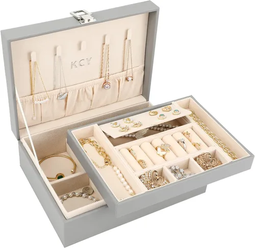 KCY Organizador de joyas para mujeres y niñas estuche grande de cuero sintético con soporte de exhibición de 2 capas y bandeja extraíble para aretes