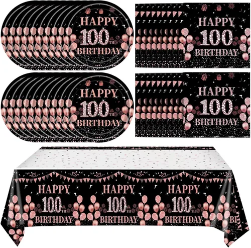Miniatura 32 de Ryzovo - Decoraciones de cumpleaños 50 para mujer, platos de papel desechables negro y oro rosa, suministros de fiesta para 20 invitados, 41 piezas