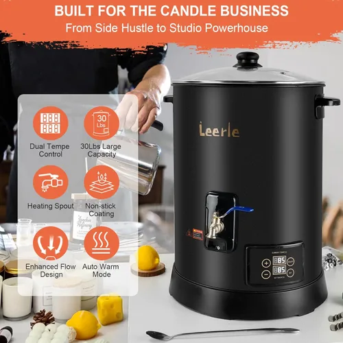 Miniatura 2 de Leerie D15 - Derretidor de cera comercial digital de 30 libras para hacer velas, olla de fusión de cera de vela grande con control preciso