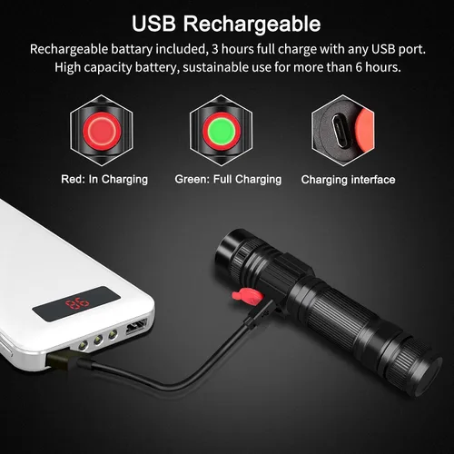 Miniatura 6 de DARKBEAM Linterna LED recargable USB de 2000 lúmenes altos, linternas de bolsillo pequeñas y brillantes, foco ajustable resistente al agua, luz