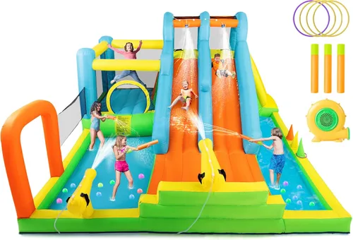 JOYLDIAS Tobogán acuático inflable, casa de rebote gigante de parque acuático con 2 toboganes largos, piscina de chapoteo, trampoline, pared de