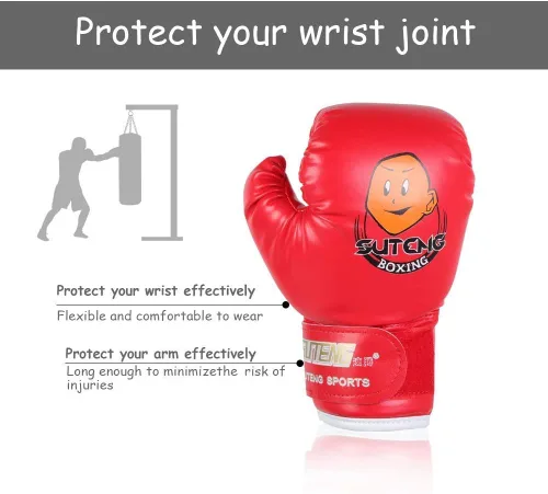 Miniatura 7 de Guantes de boxeo para niños Guantes de entrenamiento de cuero PU Guantes de entrenamiento de dibujos animados para niños Guante Muay Thai (rojo)