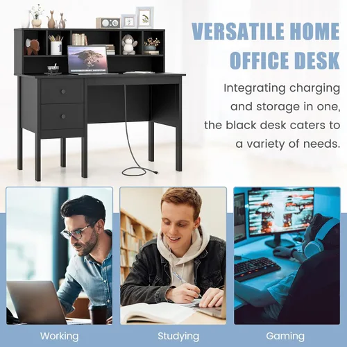 Miniatura 7 de COSTWAY Escritorio con puertos de carga USB y tomas de corriente, escritorio de computadora de 48 pulgadas con cajones y gabinete de 5