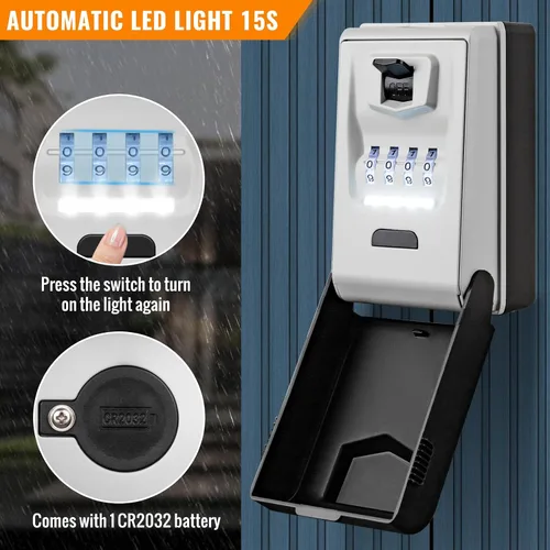 Miniatura 2 de HUANLANG Caja de bloqueo de llave para montaje en pared, caja de bloqueo de combinación para exteriores con 6 diales iluminados, impermeable, gran