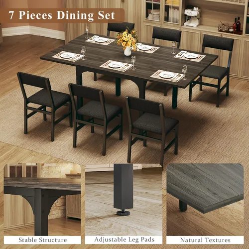 Miniatura 7 de Juego de mesa de comedor de 7 piezas para 4-6, sillas extensibles para mesa de cocina, juego de 6 con 6 sillas, mesa de comedor rectangular
