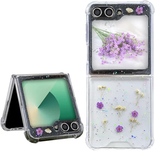 Miniatura 37 de Abbery Funda transparente para Samsung Galaxy Z Flip 3 5G, transparente y con diseño de purpurina bonita con purpurina floral prensada de Rosa