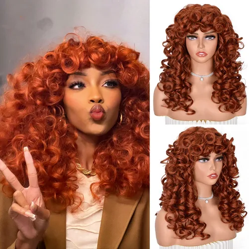 Miniatura 12 de ANNISOUL Pelucas rizadas marrones para mujeres negras, peluca afro larga con flequillo para mujeres, fibra sintética sin pegamento, pelo voluminoso