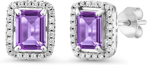 Miniatura 13 de Gem Stone King Aretes de plata de ley 925 con piedra natal Corte esmeralda de 0.315 x 0.236 in Aretes de halo para mujer