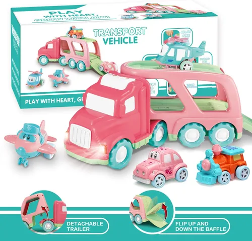 Miniatura 3 de Juego de juguetes de transporte (5 en 1) con luces y sonidos, juguete rosa para niñas pequeñas, camión de transporte de doble capa alimentado por