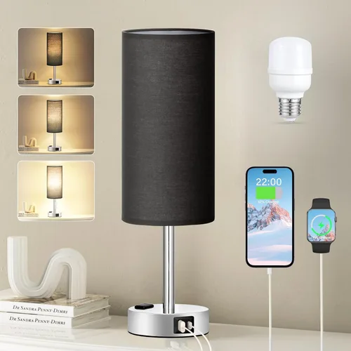 Miniatura 37 de Fenmzee Juego de lámparas de mesa pequeñas táctiles regulables de 2 a 3 vías, carga USB A + C, salida de CA, base de grano de madera, bombillas