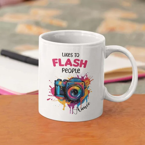 Miniatura 5 de Taza personalizada con texto en inglés "Me gusta destellar", taza de té de cerámica con cámara colorida personalizada con nombre, tazas de café