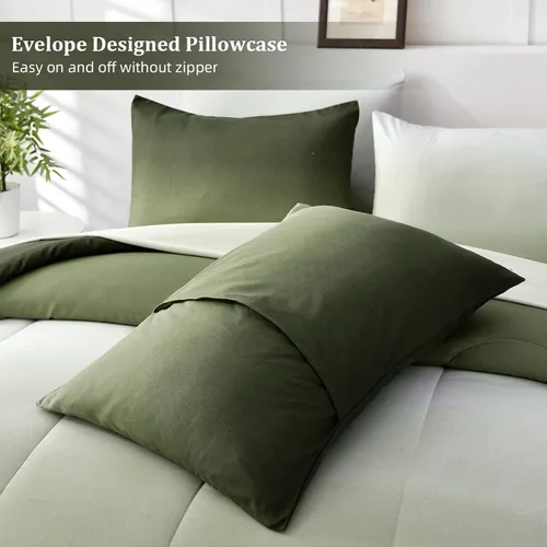 Miniatura 7 de Juego de edredón de 7 piezas color verde oliva para cama King - Juego de cama ligero con gradiente de color verde oscuro en una bolsa, juego de cama