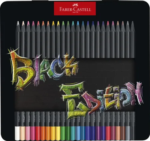 Faber-Castell Lápices para colorear Black Edition, lata de 24 latas de 12
