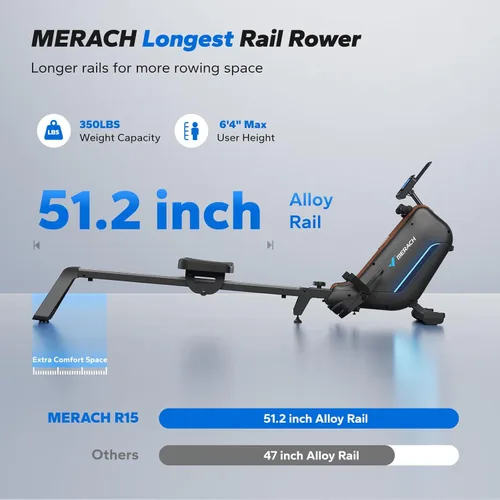 Miniatura 8 de MERACH Máquinas de remo para el hogar, potente máquina de remo electromagnética con riel extendido de 51.2 pulgadas, remo de ajuste de resistencia