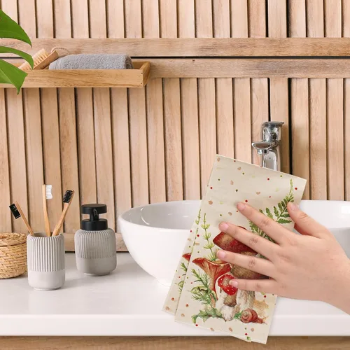 Miniatura 7 de AnyDesign Paquete de 100 servilletas de hongos para invitados con puntos y hojas de hongo, servilletas de papel desechables en acuarela, toalla