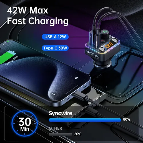 Miniatura 3 de Syncwire Bluetooth 5.4 Transmisor FM Adaptador para Coche 42W [Interruptor de Luz] [Micrófono Dual Más Potente] [Sonido de Graves HiFi]