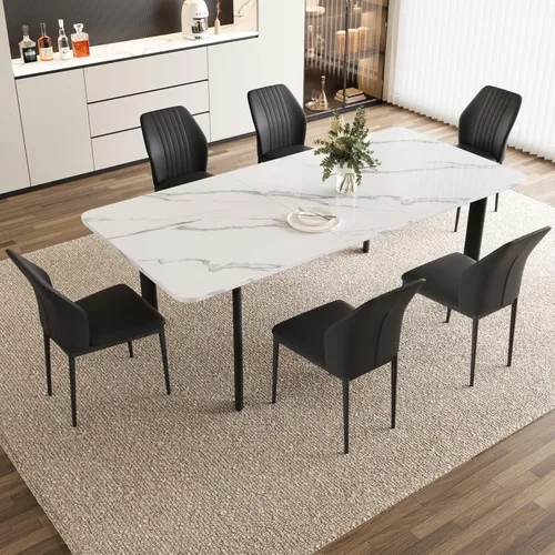 Miniatura 16 de HIPIHOM Mesa de comedor extensible para 6-8 personas, mesa rectangular de 63 a 78.7 pulgadas, MDF blanco con patas de metal resistentes, ahorro