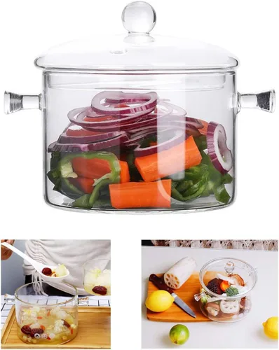 Olla de Cocina de Vidrio - 1.5L/50oz Vidrio de Borosilicato Resistente al Calor Juego de Utensilios de Cocina Hecho a Mano Olla para Estufa - Segura