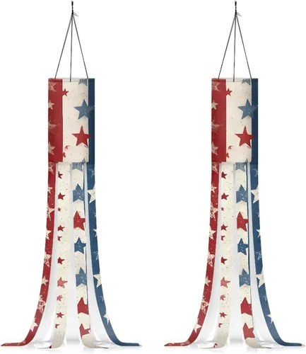 Miniatura 25 de Binienty 4th of July Winsock Patriotic Outdoor Decor Wind Socks Hanging Flag Welcome Home Decoration Party Yard Hanging Windsock, 2 Pcs Set Decor