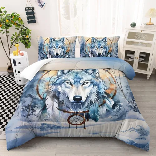 Miniatura 21 de AILONEN Juego de edredón con cabeza de lobo impresa tamaño individual, juego de ropa de cama de lobo para la noche para niños y hombres, juego